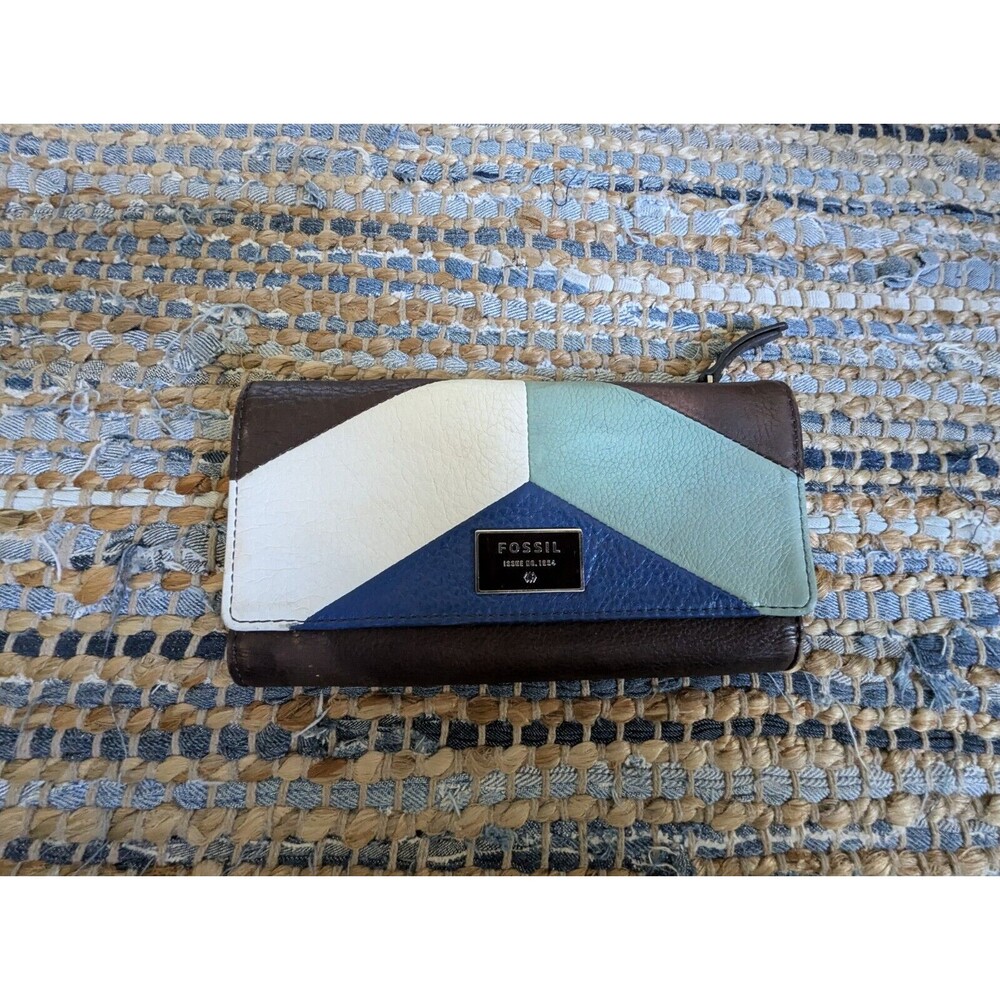 VTG Fossil Patchwork Leather Multi Rainbow Clutch Wallet Billfold 18 Pockets